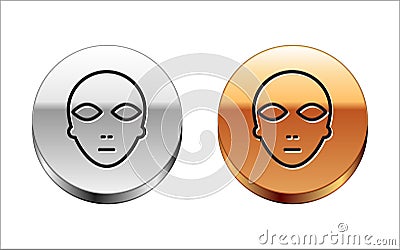 Black line Alien icon isolated on white background. Extraterrestrial alien face or head symbol. Silver-gold circle Vector Illustration