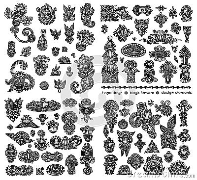 Black line art ornate flower design collection, Vector Illustration