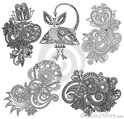 Black line art ornate flower design collection, Vector Illustration