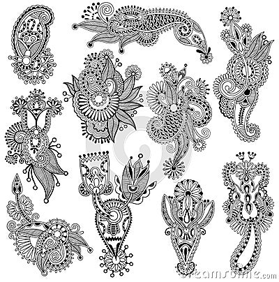 Black line art ornate flower design collection, Vector Illustration