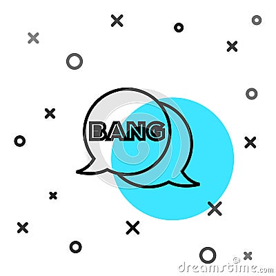 Black line Bang boom, gun Comic text speech bubble balloon icon isolated on white background. Random dynamic shapes Vector Illustration