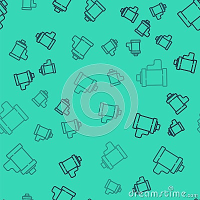 Black line Camera vintage film roll cartridge icon isolated seamless pattern on green background. 35mm film canister Vector Illustration