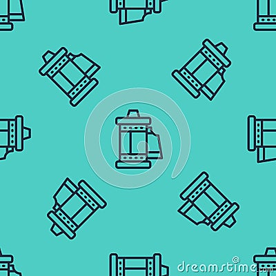 Black line Camera vintage film roll cartridge icon isolated seamless pattern on green background. 35mm film canister Stock Photo