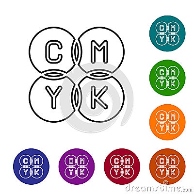 Black line CMYK color mixing icon isolated on white background. Set icons in color circle buttons. Vector Vector Illustration