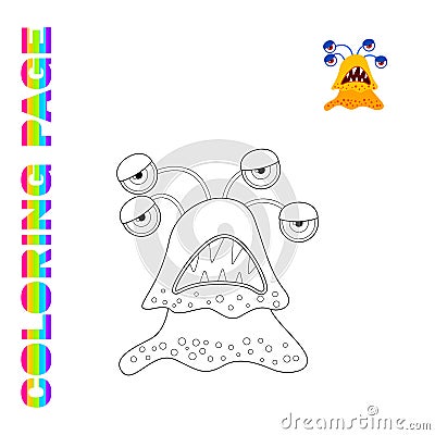 Black line and color version of cartoon tired yellow four-eyed monster Vector Illustration