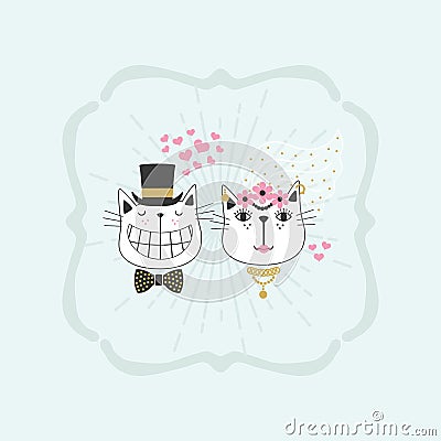 Black line cute happy stylish bride and groom cats couple icons frame Vector Illustration