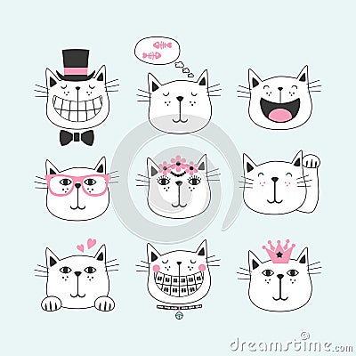 Black line cute smiling cats with different faces icons Vector Illustration