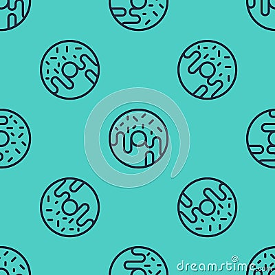 Black line Donut with sweet glaze icon isolated seamless pattern on green background. Vector Stock Photo