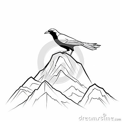 Black Line Drawing Of Crow Perched On Mountain Cartoon Illustration