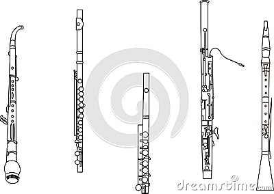 Black line drawings of outline english horn, flute, piccolo, bassoon and oboe musical instrument contour Vector Illustration