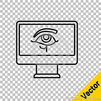 Black line Eye of Horus on monitor icon isolated on transparent background. Ancient Egyptian goddess Wedjet symbol of Vector Illustration