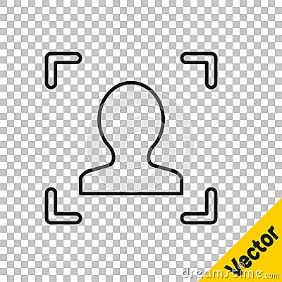 Black line Face recognition icon isolated on transparent background. Face identification scanner icon. Facial id. Cyber Vector Illustration