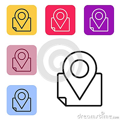 Black line Folded map with location marker icon isolated on white background. Set icons in color square buttons. Vector Vector Illustration