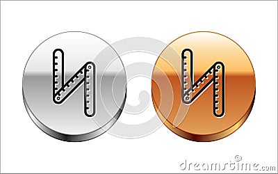 Black line Folding ruler icon isolated on white background. Silver-gold circle button. Vector Illustration Vector Illustration