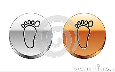 Black line Foot massage icon isolated on white background. Silver-gold circle button. Vector Vector Illustration