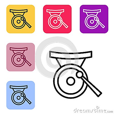 Black line Gong musical percussion instrument circular metal disc and hammer icon isolated on white background. Set Vector Illustration