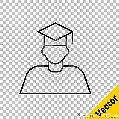 Black line Graduate and graduation cap icon isolated on transparent background. Vector Stock Photo