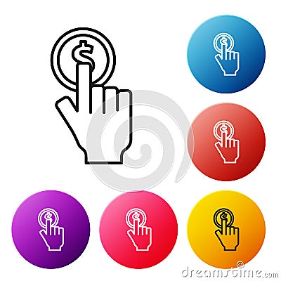 Black line Hand holding coin icon isolated on white background. Dollar or USD symbol. Cash Banking currency sign. Set Vector Illustration