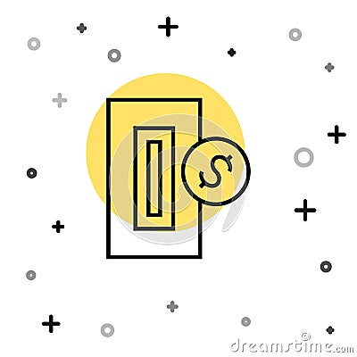 Black line Hand inserting coin to a slot on a vending machine or arcade machine icon isolated on white background Vector Illustration