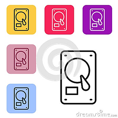 Black line Hard disk drive HDD icon isolated on white background. Set icons in color square buttons. Vector Illustration Vector Illustration
