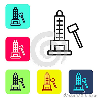Black line High striker attraction with big hammer icon isolated on white background. Attraction for measuring strength Vector Illustration