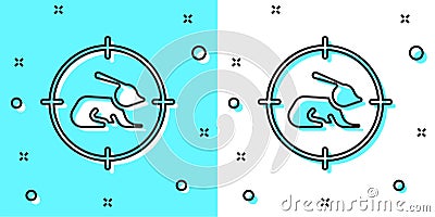Black line Hunt on rabbit with crosshairs icon isolated on green and white background. Hunting club logo with rabbit and Vector Illustration