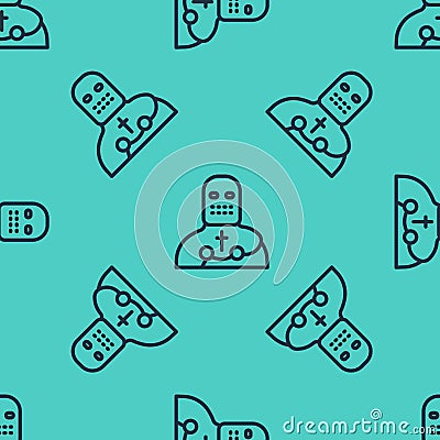 Black line Knight crusader icon isolated seamless pattern on green background. Vector Vector Illustration