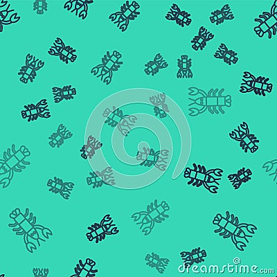 Black line Lobster icon isolated seamless pattern on green background. Vector. Vector Illustration