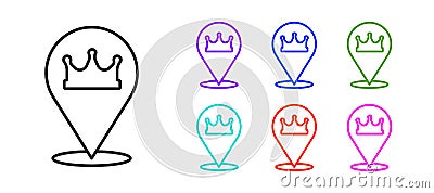 Black line Location king crown icon isolated on white background. Set icons colorful. Vector Vector Illustration