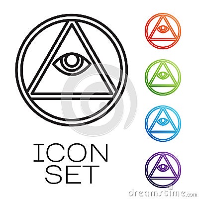 Black line Masons symbol All-seeing eye of God icon isolated on white background. The eye of Providence in the triangle Vector Illustration