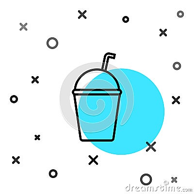 Black line Milkshake icon isolated on white background. Plastic cup with lid and straw. Random dynamic shapes. Vector Vector Illustration