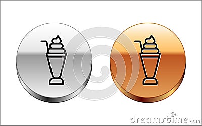 Black line Milkshake icon isolated on white background. Plastic cup with lid and straw. Silver-gold circle button Vector Illustration