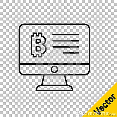 Black line Mining bitcoin from monitor icon isolated on transparent background. Cryptocurrency mining, blockchain Vector Illustration