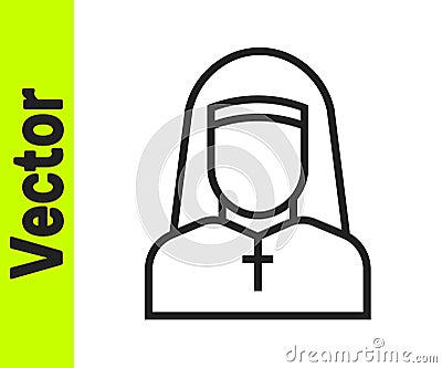 Black line Nun icon isolated on white background. Sister of mercy. Vector Vector Illustration