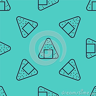 Black line Onigiri icon isolated seamless pattern on green background. Japanese food. Vector Illustration Vector Illustration