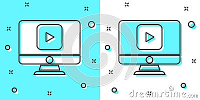 Black line Online play video icon isolated on green and white background. Computer monitor and film strip with play sign Vector Illustration