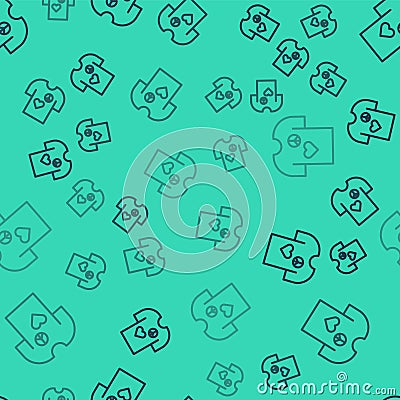 Black line Peace symbol t-shirt print stamp icon isolated seamless pattern on green background. Vector Stock Photo