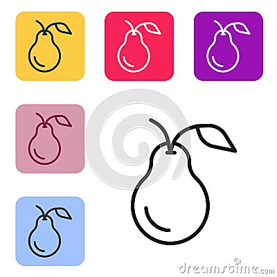 Black line Pear icon isolated on white background. Fruit with leaf symbol. Set icons in color square buttons. Vector Stock Photo
