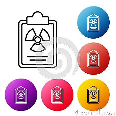 Black line Radiation warning document icon isolated on white background. Text file. Set icons colorful circle buttons Vector Illustration