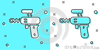 Black line Ray gun icon isolated on green and white background. Laser weapon. Space blaster. Random dynamic shapes Vector Illustration