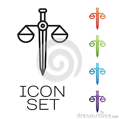 Black line Scales of justice icon isolated on white background. Court of law symbol. Balance scale sign. Set icons Vector Illustration