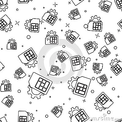 Black line Sim card setting icon isolated seamless pattern on white background. Mobile cellular phone sim card chip Vector Illustration