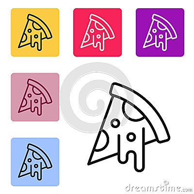 Black line Slice of pizza icon isolated on white background. Fast food menu. Set icons in color square buttons. Vector Stock Photo