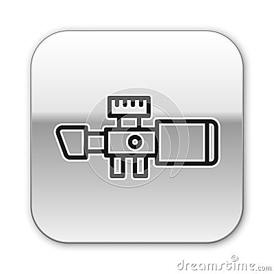 Black line Sniper optical sight icon isolated on white background. Sniper scope crosshairs. Silver square button. Vector Vector Illustration