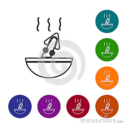 Black line Soup with octopus icon isolated on white background. Set icons in color circle buttons. Vector. Vector Illustration