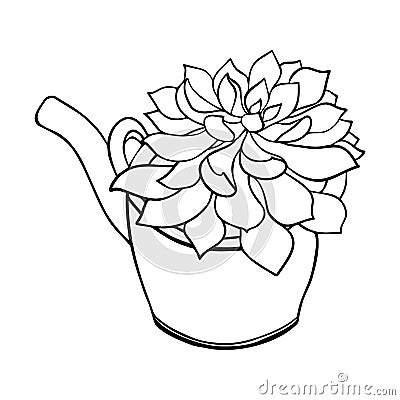 Black line succulent in teapot. Cute vector cactus silhouette. Lovely home plant. Vector Illustration