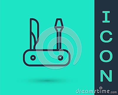 Black line Swiss army knife icon isolated on green background. Multi-tool, multipurpose penknife. Multifunctional tool Vector Illustration