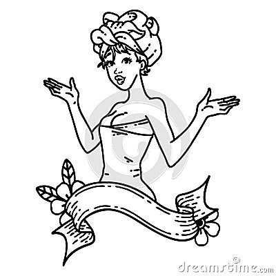 black line tattoo of a pinup girl in towel with banner Vector Illustration