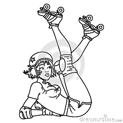 black line tattoo of a pinup roller derby girl Vector Illustration