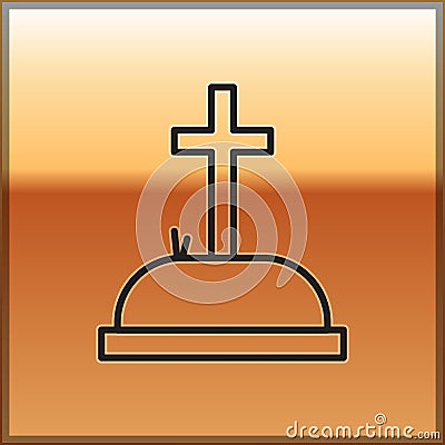 Black line Tombstone with cross icon isolated on gold background. Grave icon. Vector Illustration Vector Illustration